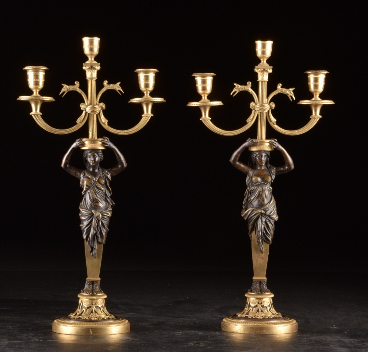 Pair Of Empire Candelabras In Gilt Bronze And Patinated Bronze, Circa 1810-photo-3