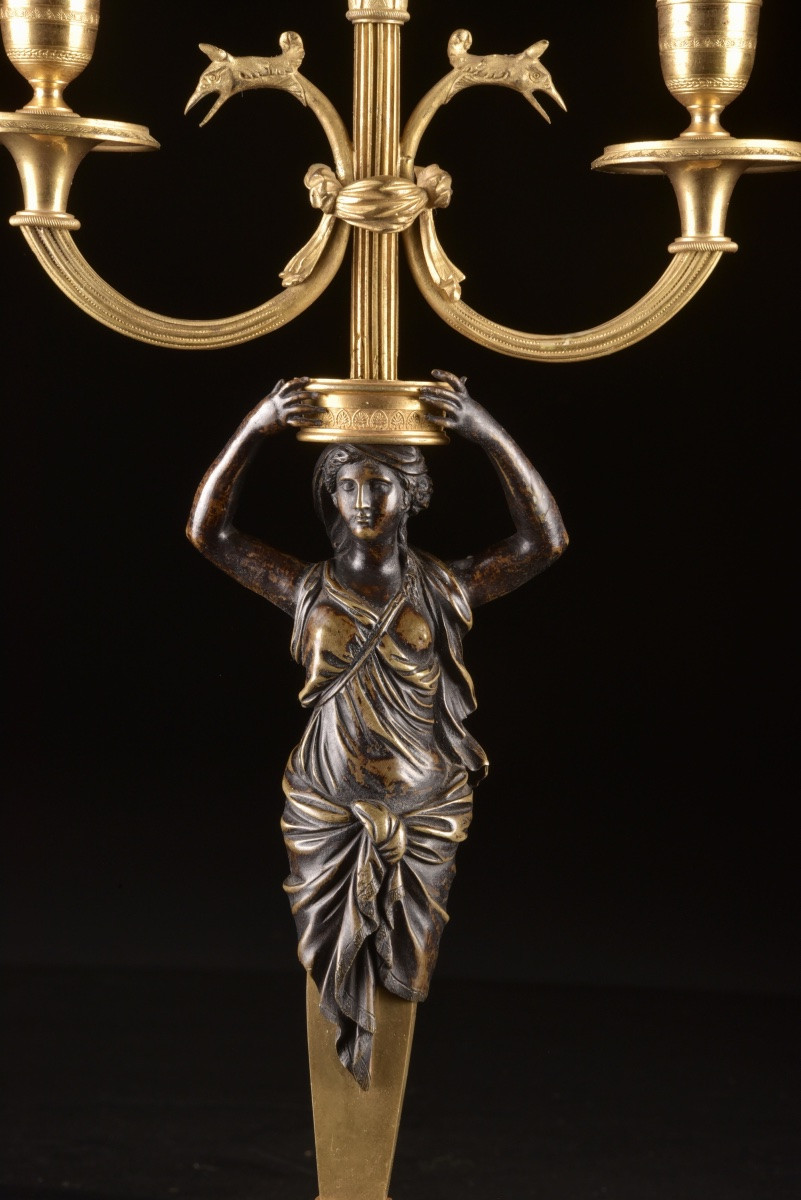 Pair Of Empire Candelabras In Gilt Bronze And Patinated Bronze, Circa 1810-photo-8