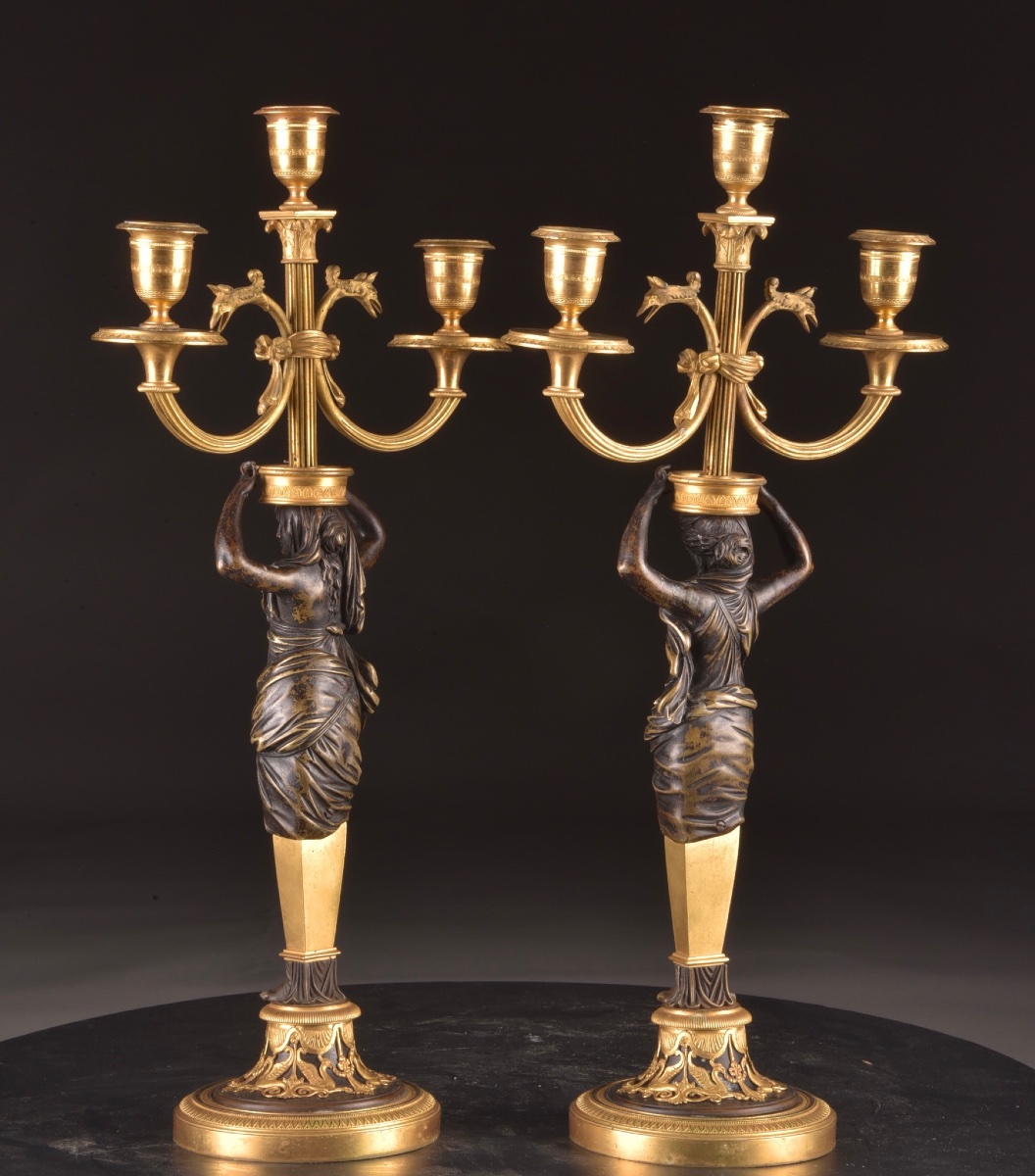 Pair Of Empire Candelabras In Gilt Bronze And Patinated Bronze, Circa 1810-photo-3