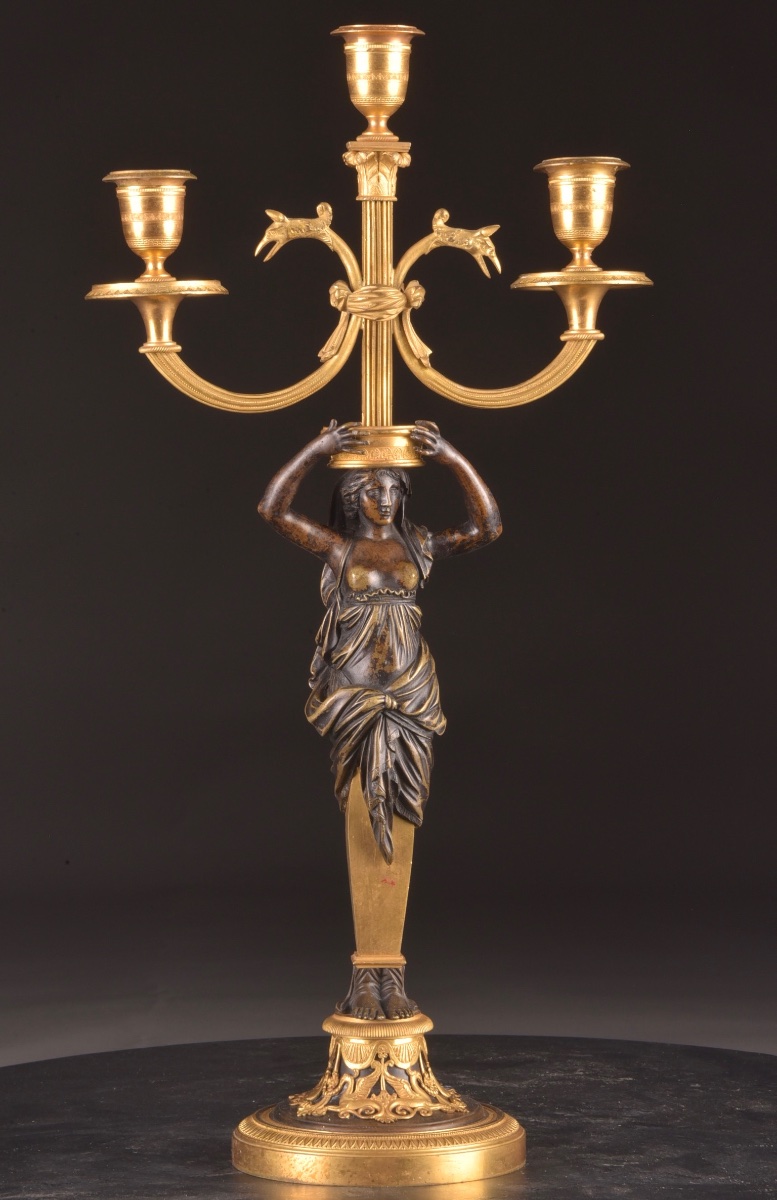 Pair Of Empire Candelabras In Gilt Bronze And Patinated Bronze, Circa 1810-photo-8
