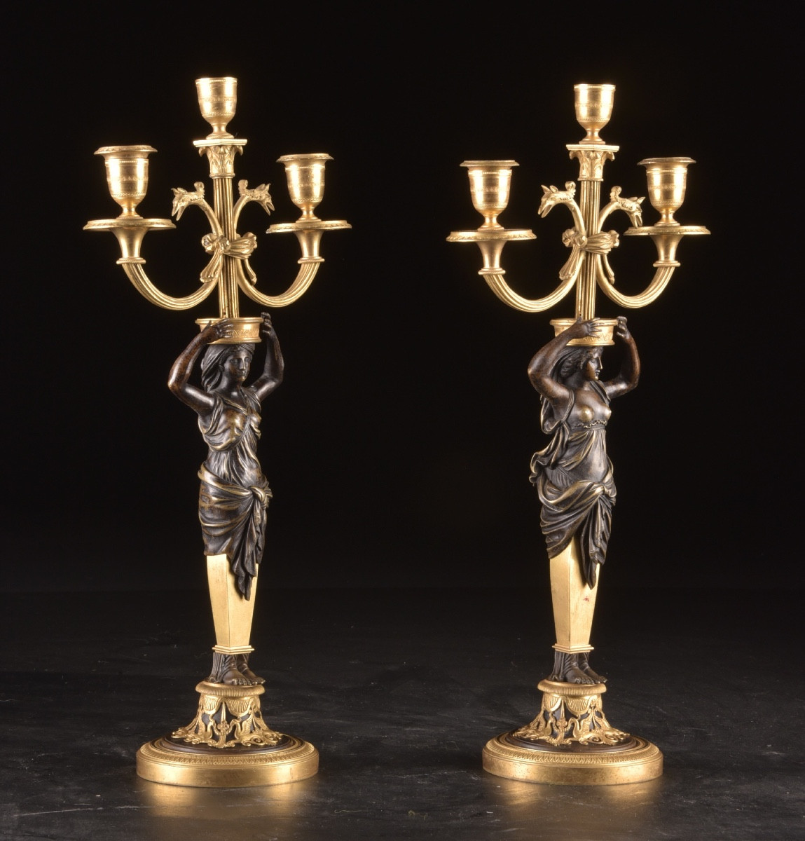 Pair Of Empire Candelabras In Gilt Bronze And Patinated Bronze, Circa 1810