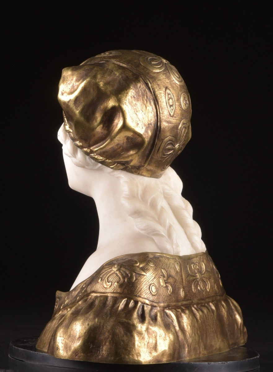 Carrara Marble Bust With Gilt Bronze Headdress, Late 19th Century-photo-2