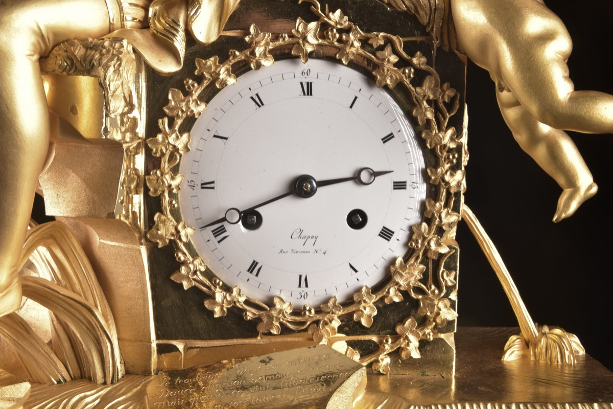 Empire Gilt Bronze Clock “troubadour And Love”, Chapuy, Early 19th Century-photo-3
