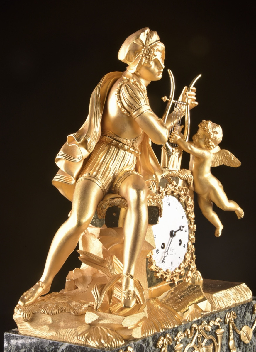 Empire Gilt Bronze Clock “troubadour And Love”, Chapuy, Early 19th Century-photo-4