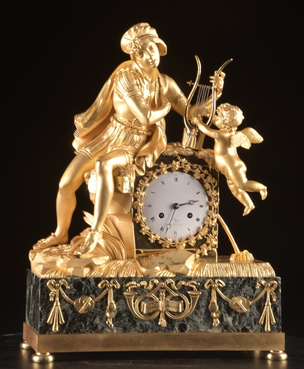 Empire Gilt Bronze Clock “troubadour And Love”, Chapuy, Early 19th Century