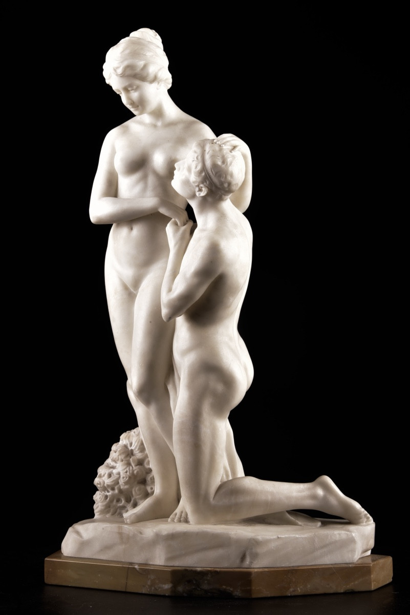 Alabaster Group — “devotion” On A Siena Yellow Marble Base-photo-2