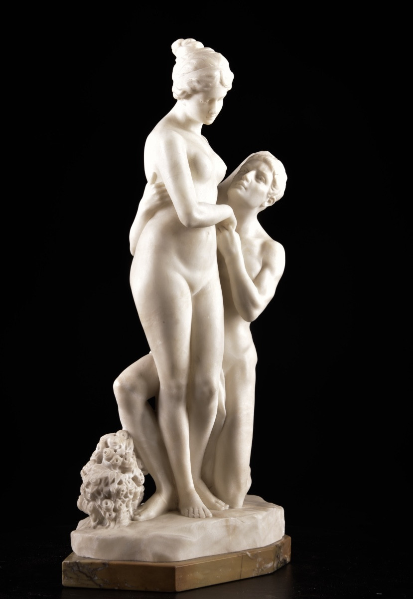 Alabaster Group — “devotion” On A Siena Yellow Marble Base-photo-3