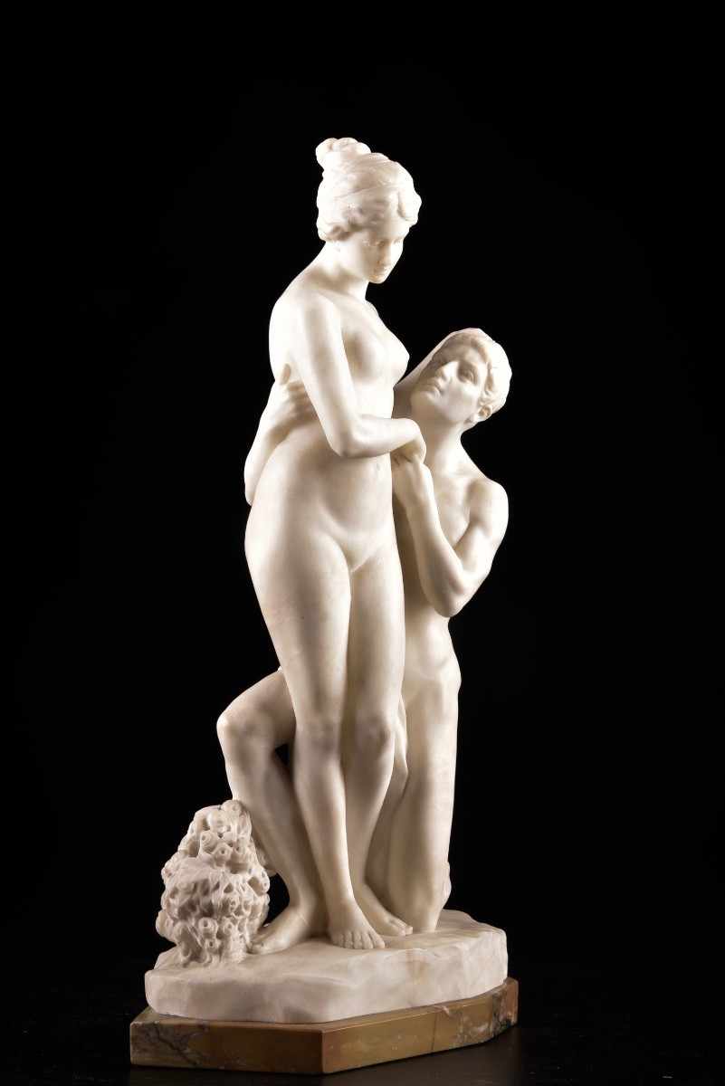 Alabaster Group — “devotion” On A Siena Yellow Marble Base-photo-5