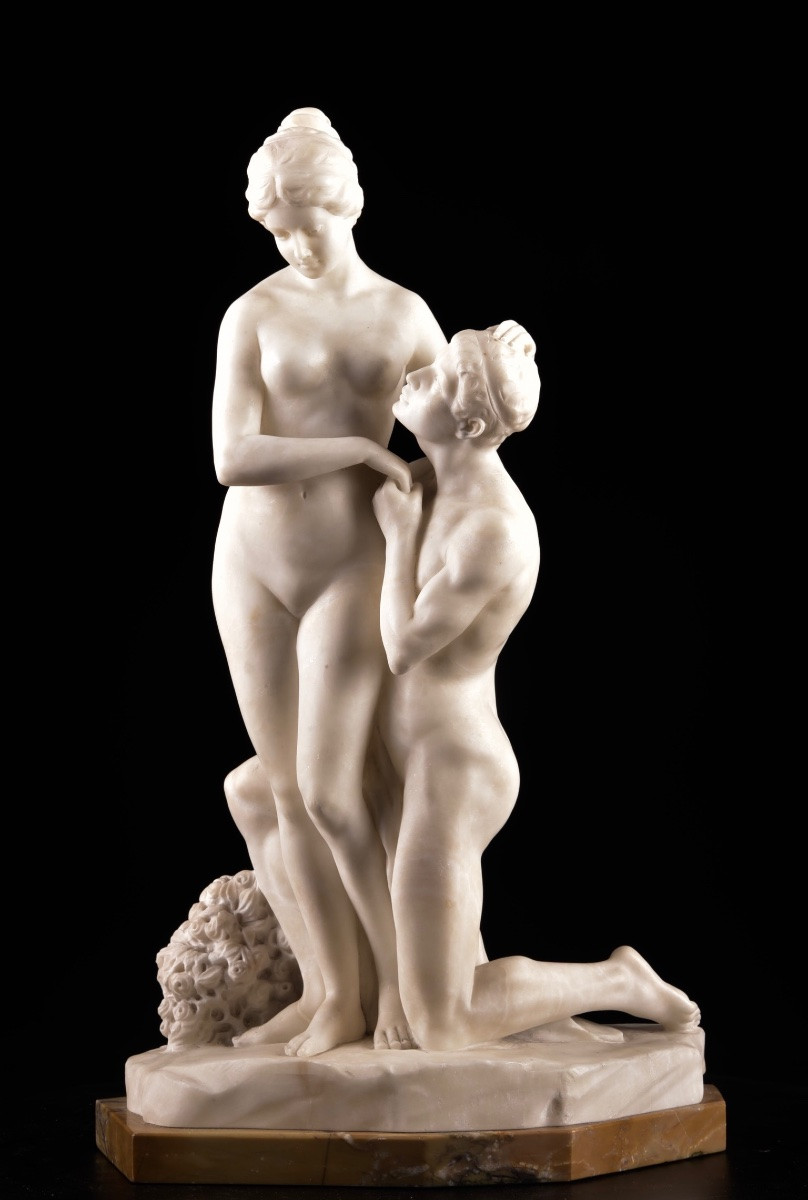 Alabaster Group — “devotion” On A Siena Yellow Marble Base-photo-7