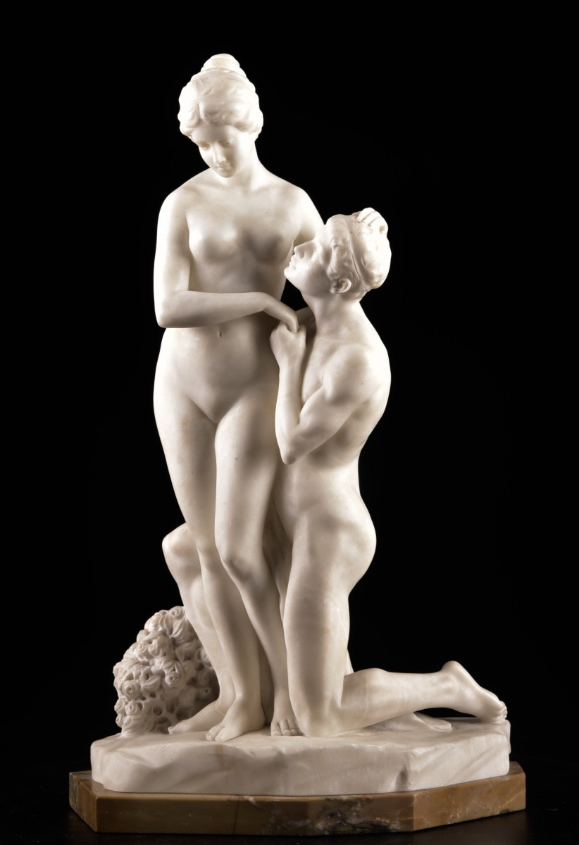 Alabaster Group — “devotion” On A Siena Yellow Marble Base