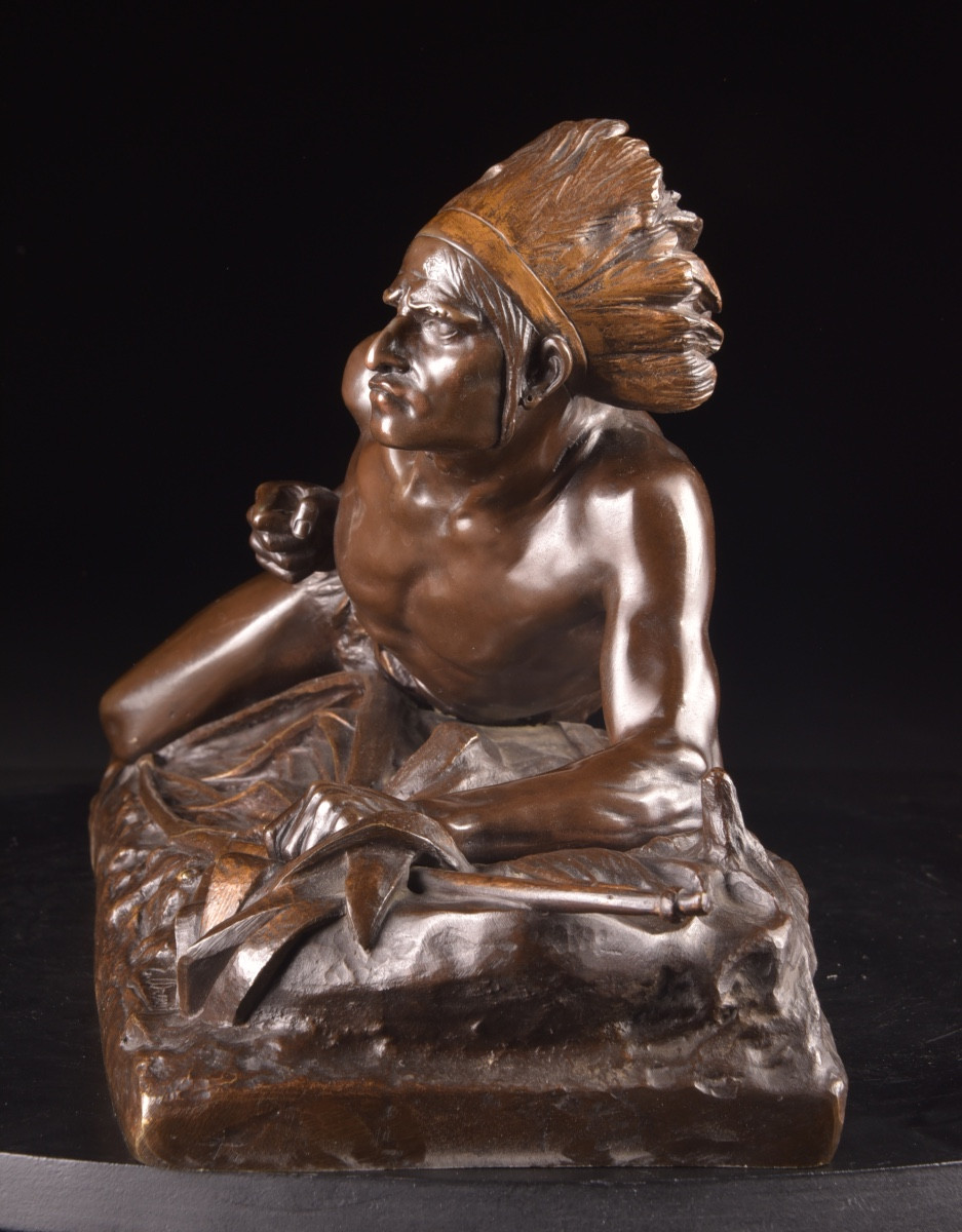 Statue en bronze “Indien à l’affût”, Edouard Drouot (1859–1945), fin XIXe siècle-photo-2