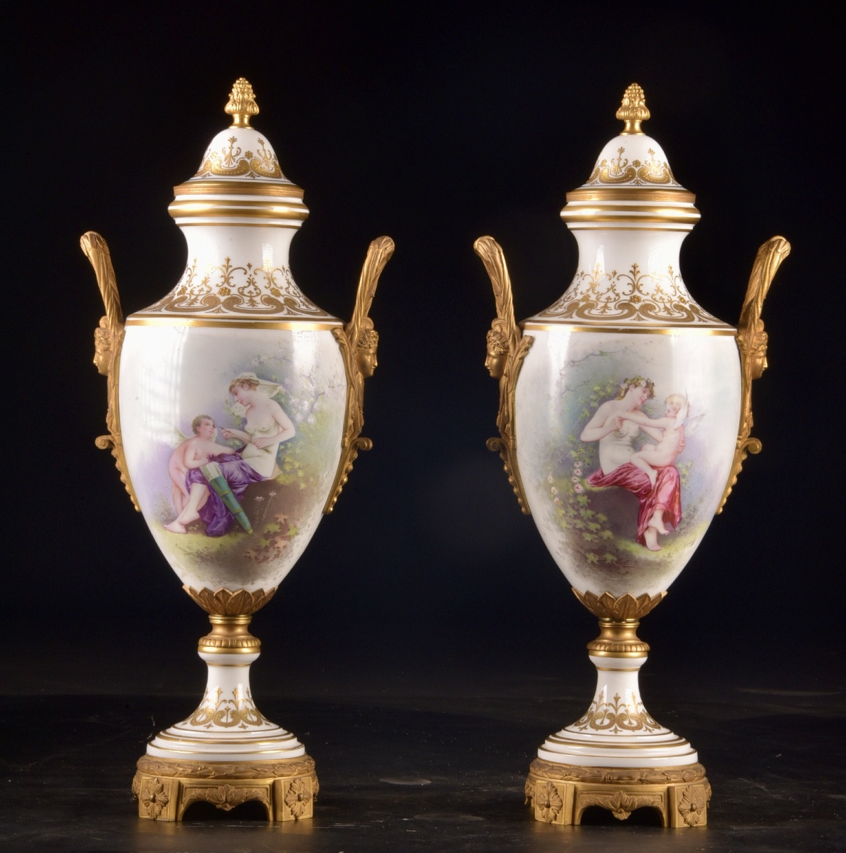 Pair Of Monumental Urns In French Porcelain Mounted In Gilt Bronze, Napoleon III Period
