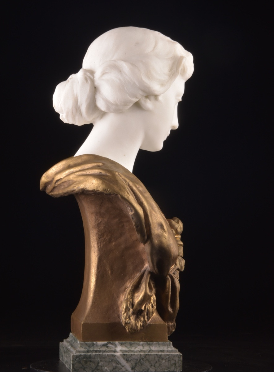 Buste de jeune femme en marbre de Carrare et bronze, signée Nasi, Italie, fin XIXe – début XXe -photo-4