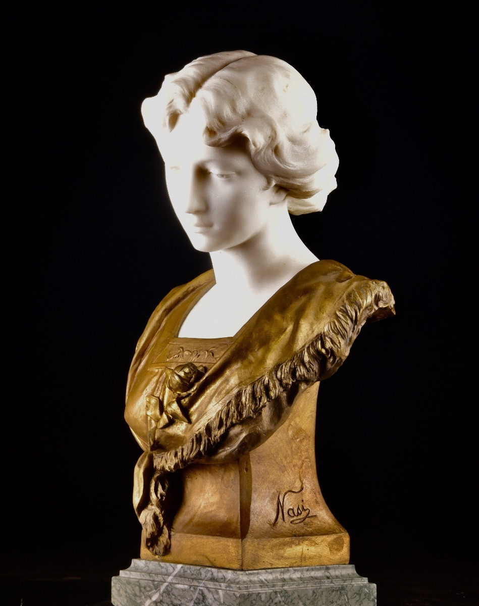 Buste de jeune femme en marbre de Carrare et bronze, signée Nasi, Italie, fin XIXe – début XXe -photo-3