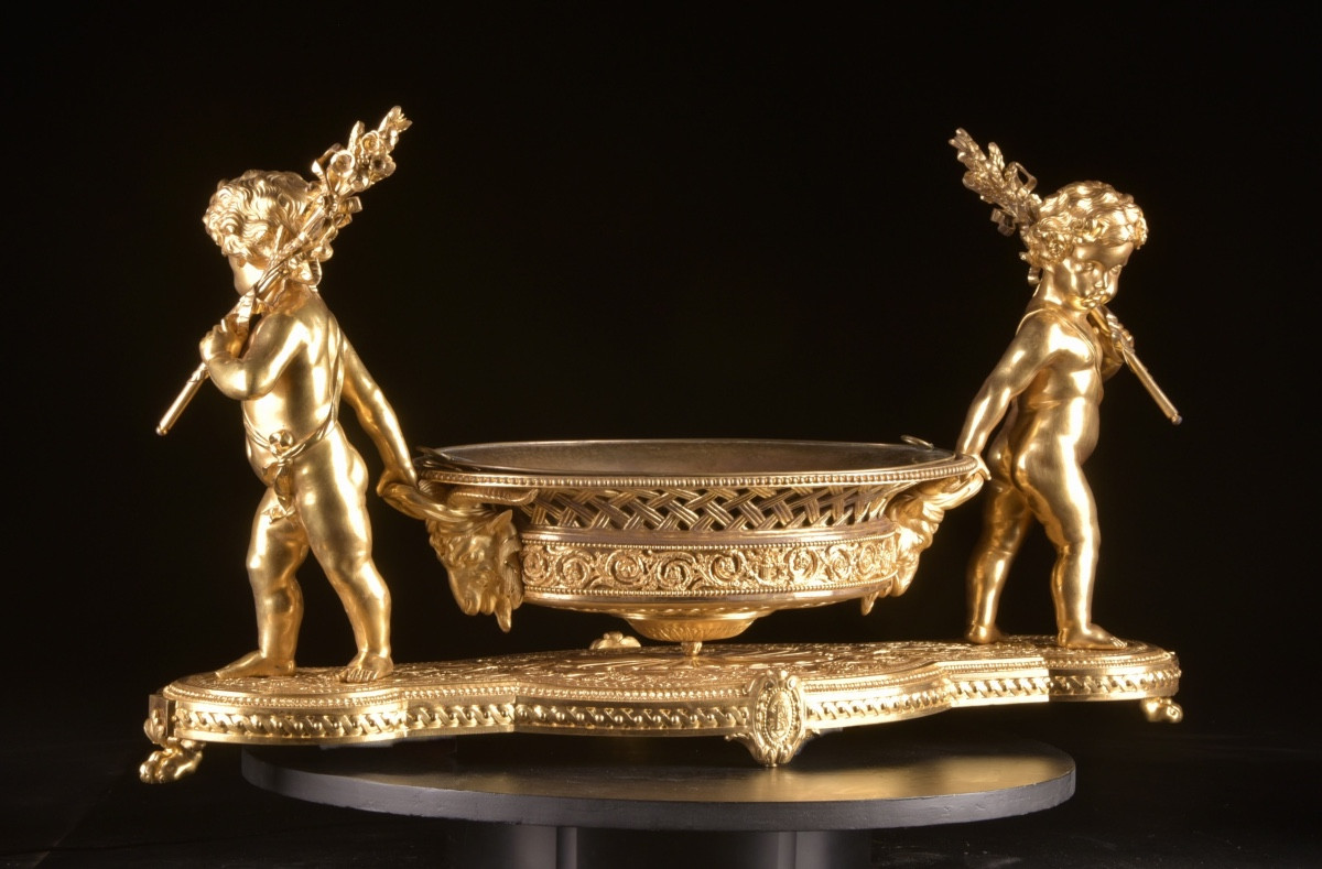 Monumental Gilt Bronze Centerpiece With Putti. Attributed To Christofle & Cie, Paris, France.-photo-3