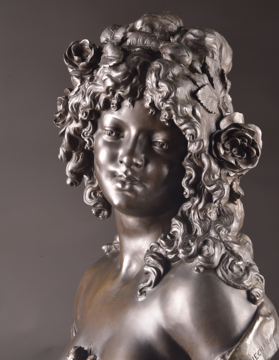 Elegant Bacchante Bust In Finely Chased And Patinated Bronze, Signed -photo-2
