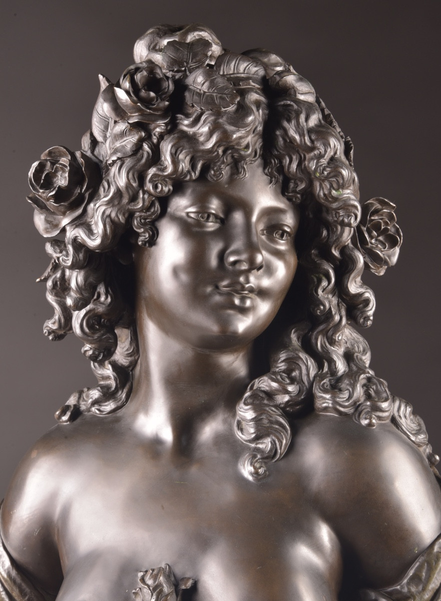 Elegant Bacchante Bust In Finely Chased And Patinated Bronze, Signed -photo-3