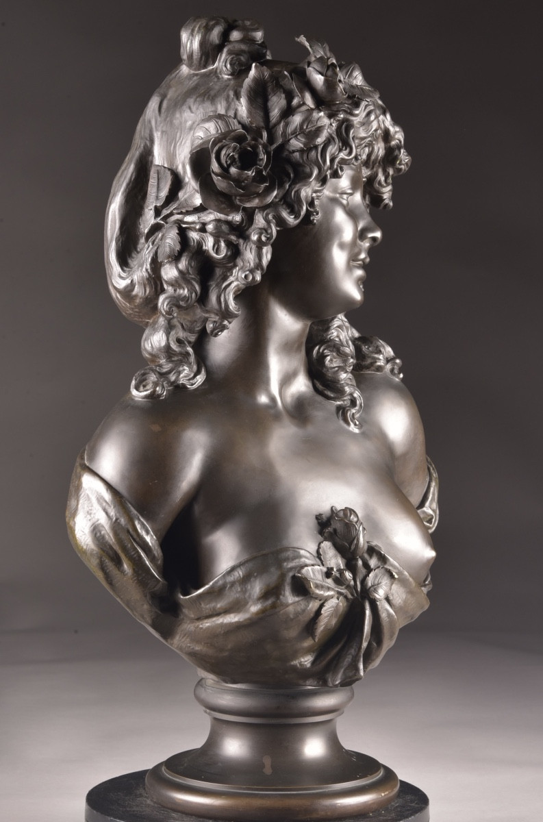 Elegant Bacchante Bust In Finely Chased And Patinated Bronze, Signed -photo-4