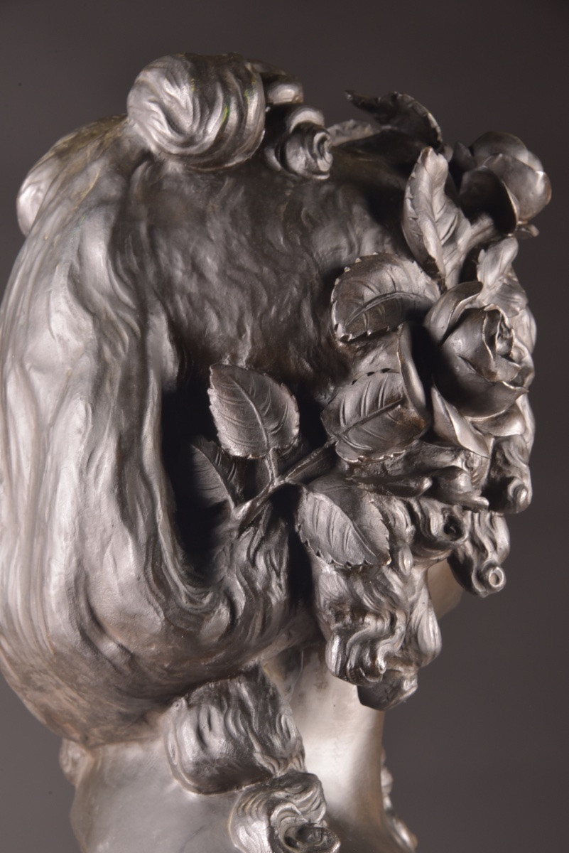Elegant Bacchante Bust In Finely Chased And Patinated Bronze, Signed -photo-2