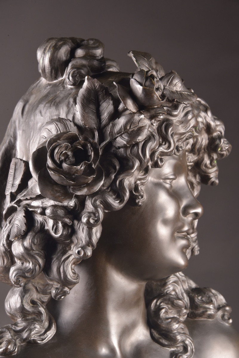 Elegant Bacchante Bust In Finely Chased And Patinated Bronze, Signed -photo-3