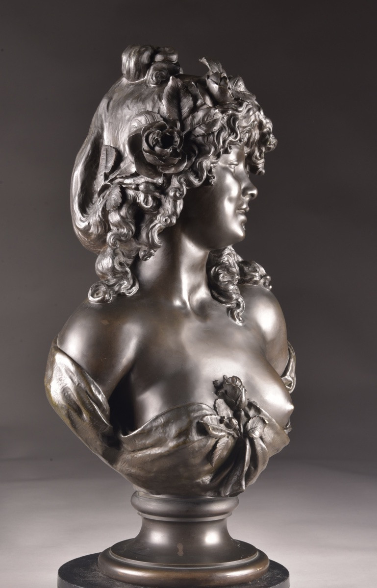 Elegant Bacchante Bust In Finely Chased And Patinated Bronze, Signed -photo-5