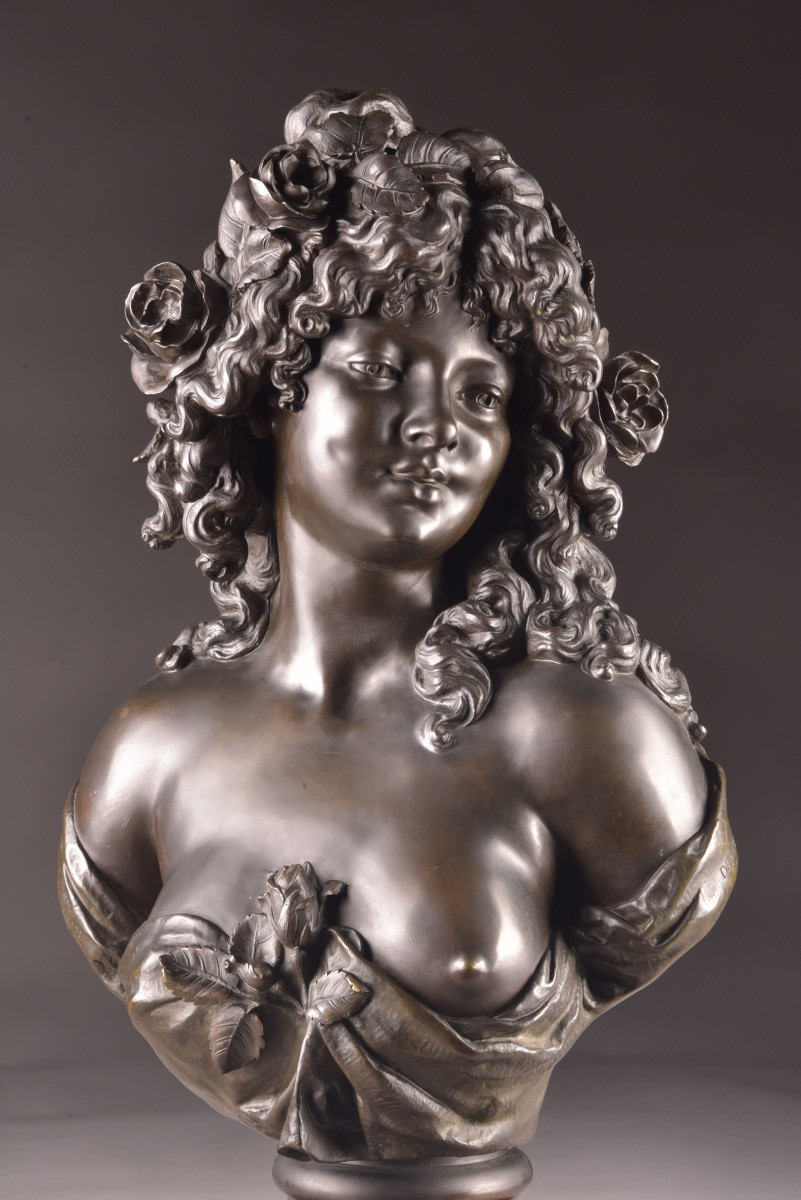 Elegant Bacchante Bust In Finely Chased And Patinated Bronze, Signed -photo-7