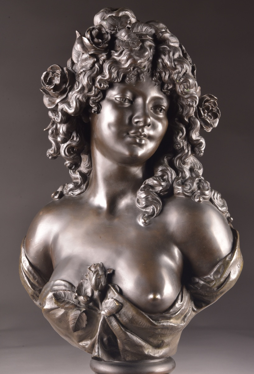 Elegant Bacchante Bust In Finely Chased And Patinated Bronze, Signed 