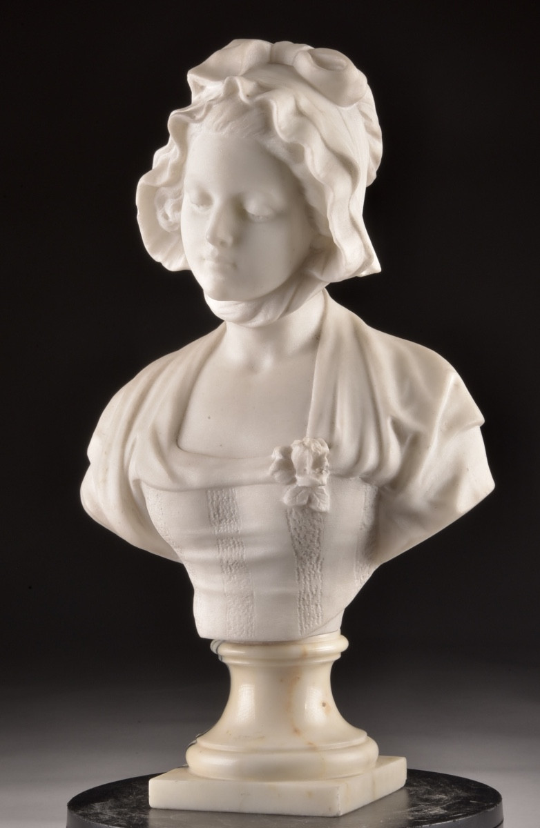 Marble Bust Of A Young Girl By Guglielmo Pugi (1850-1915), Italy, Late 19th Century-photo-2