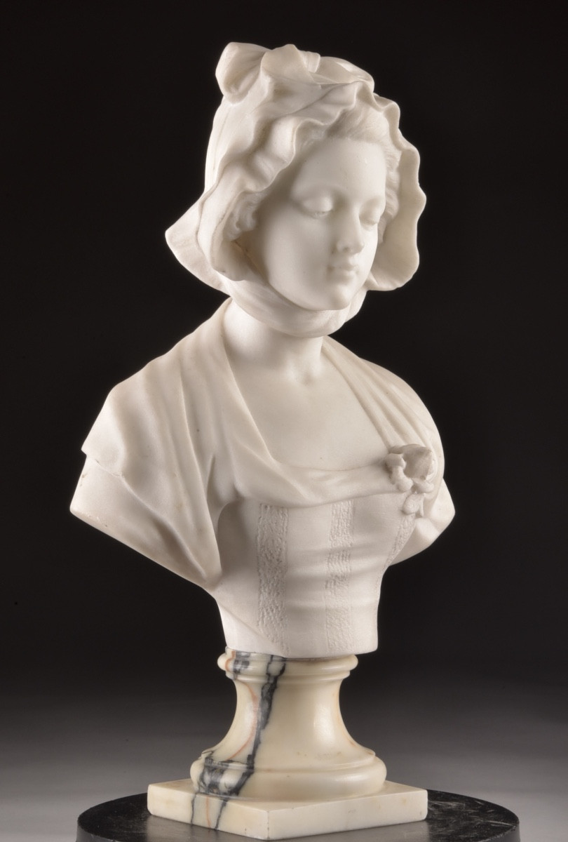 Marble Bust Of A Young Girl By Guglielmo Pugi (1850-1915), Italy, Late 19th Century-photo-3