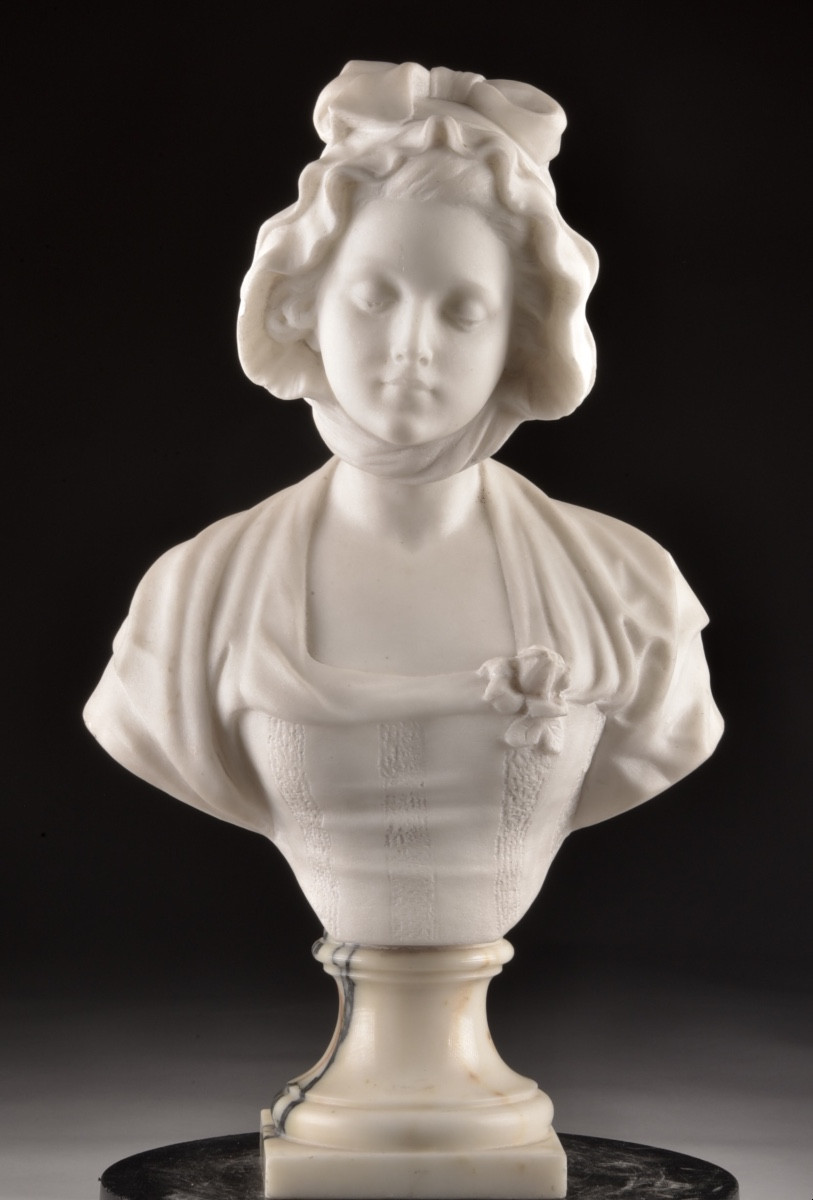 Marble Bust Of A Young Girl By Guglielmo Pugi (1850-1915), Italy, Late 19th Century