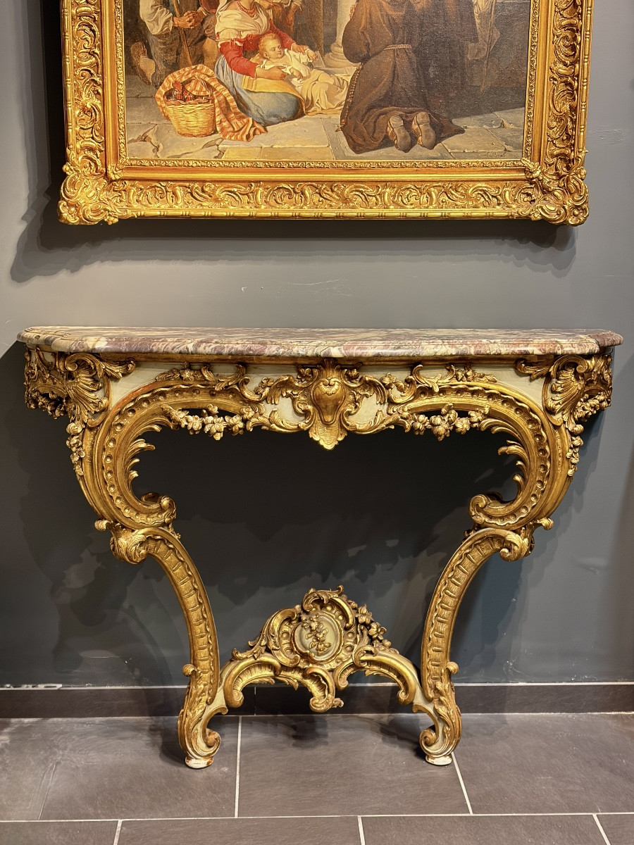 Console d’Applique en Bois Doré de Style Louis XV avec Plateau en Marbre, France, XIXe siècle-photo-2