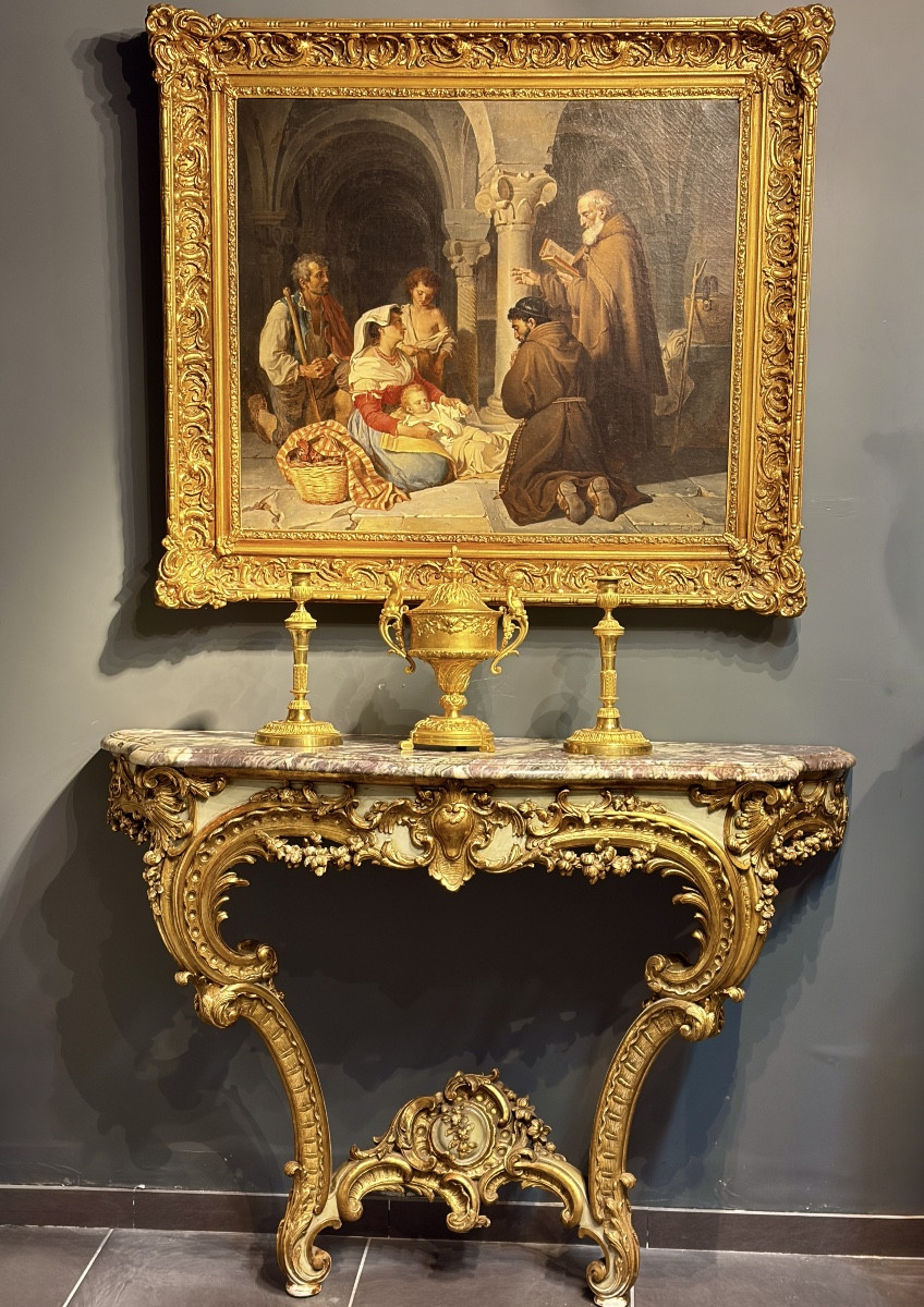 Console d’Applique en Bois Doré de Style Louis XV avec Plateau en Marbre, France, XIXe siècle