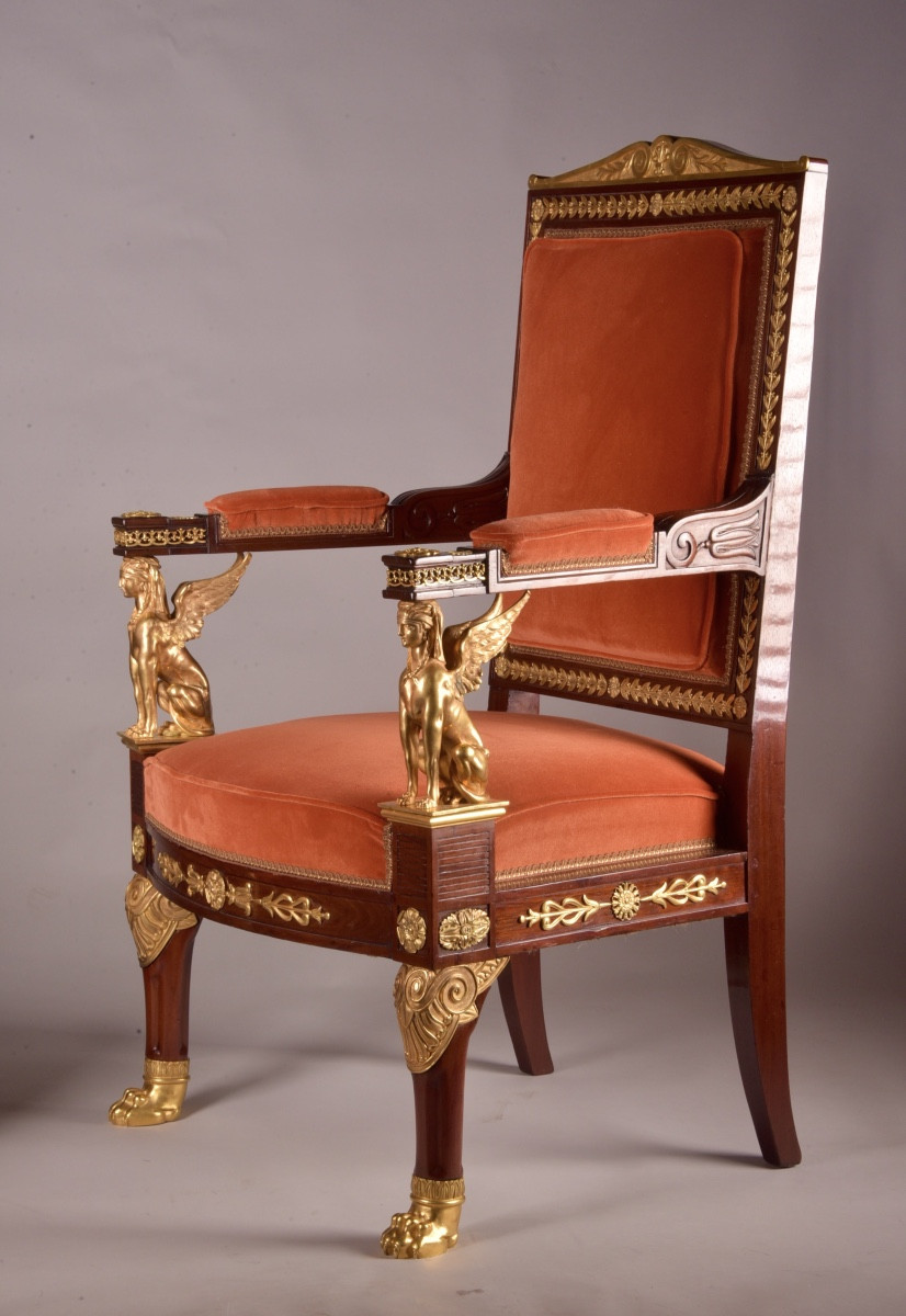 Pair Of 19th Century Empire-style Armchairs With Ormolu Sphinxes-photo-2