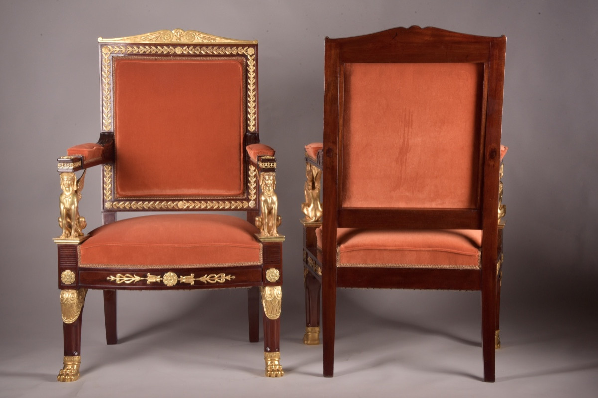 Pair Of 19th Century Empire-style Armchairs With Ormolu Sphinxes-photo-3