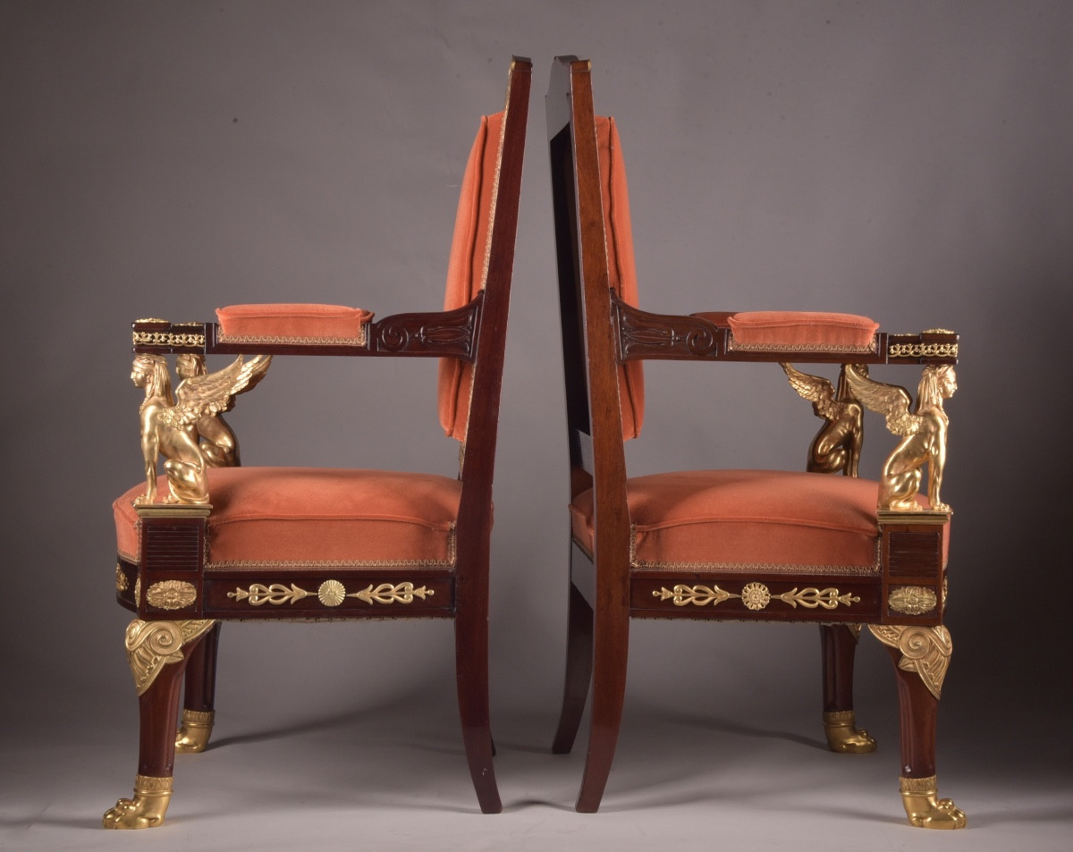 Pair Of 19th Century Empire-style Armchairs With Ormolu Sphinxes-photo-4
