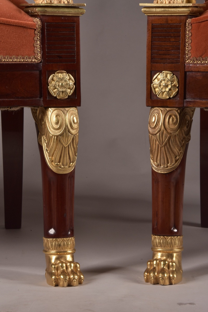Pair Of 19th Century Empire-style Armchairs With Ormolu Sphinxes-photo-6