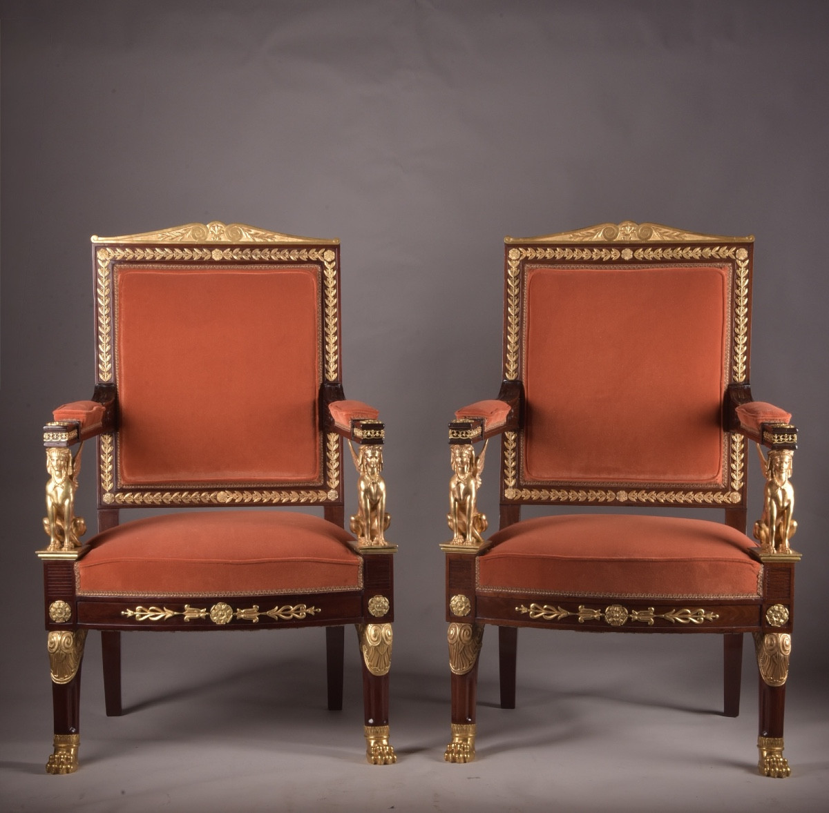 Pair Of 19th Century Empire-style Armchairs With Ormolu Sphinxes