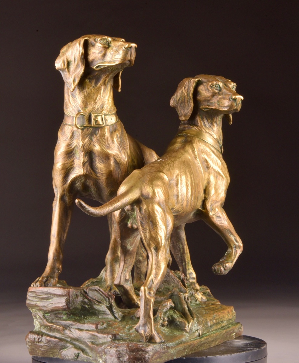 É. Drouot (1859–1945) Groupe Animalier en Bronze à Patine Représentant Deux Chiens de Chasse-photo-3