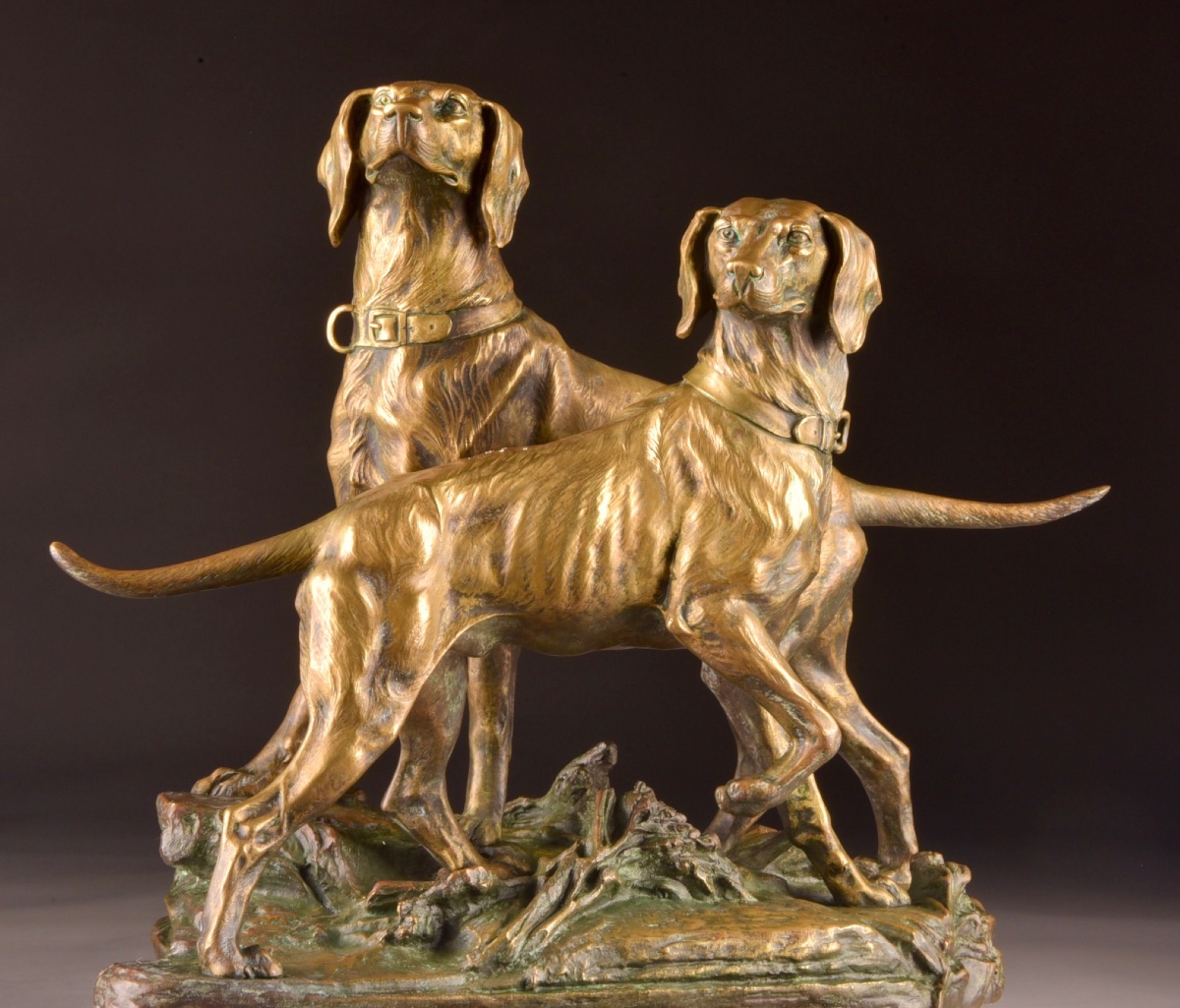 É. Drouot (1859–1945) Groupe Animalier en Bronze à Patine Représentant Deux Chiens de Chasse-photo-4