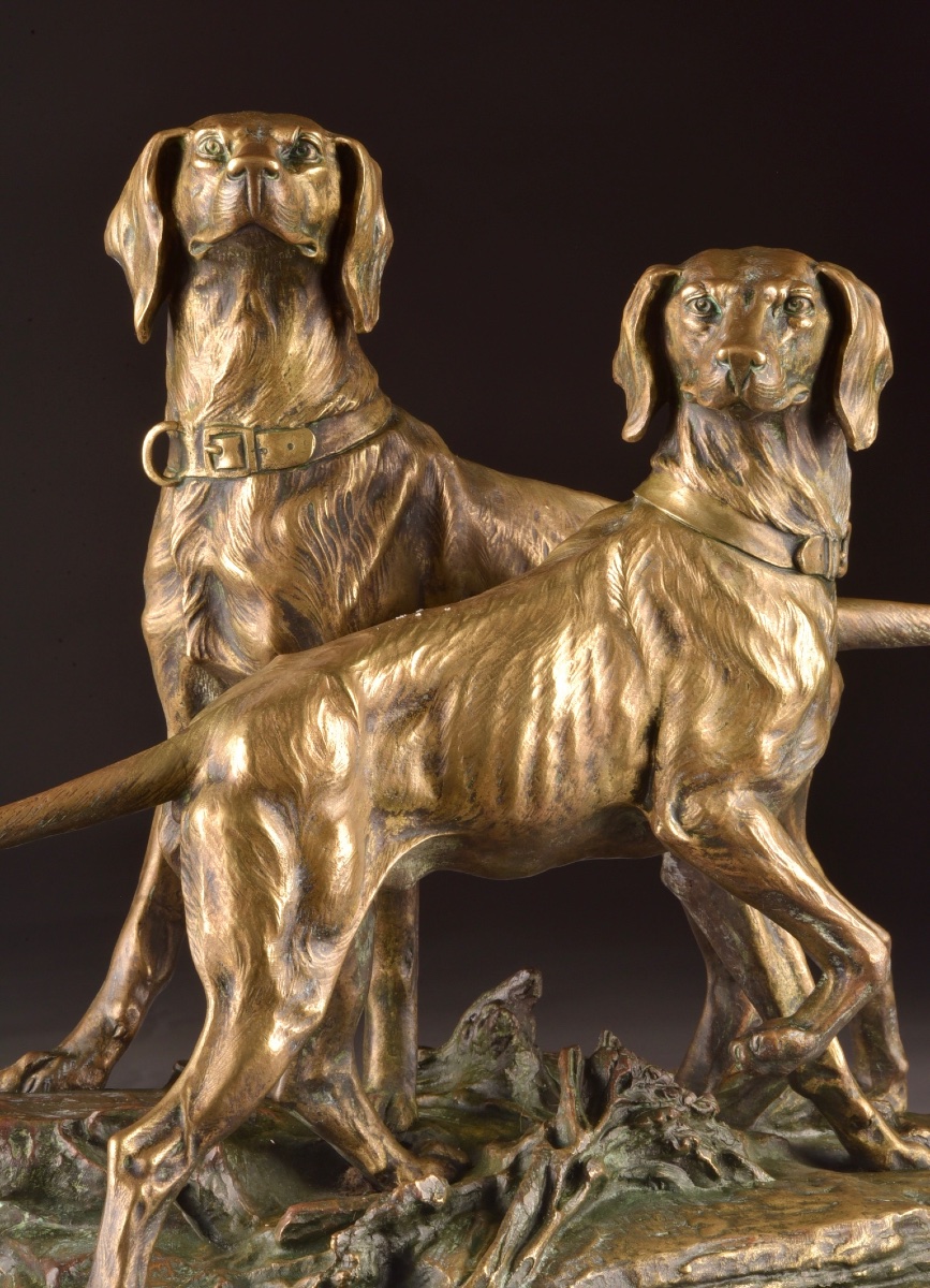 É. Drouot (1859–1945) Groupe Animalier en Bronze à Patine Représentant Deux Chiens de Chasse-photo-5