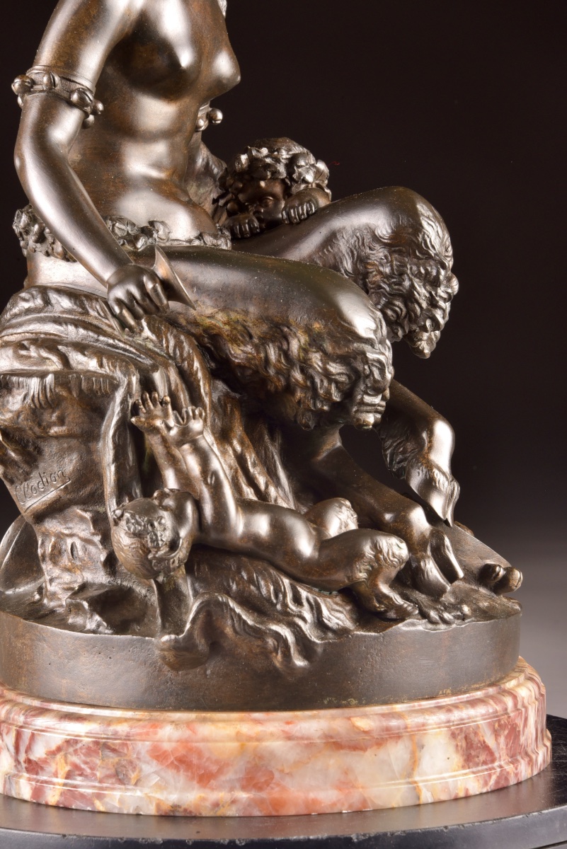 Large Bronze Group Sculpture – Bacchante With Two Putti, After Clodion – 19th Century-photo-4