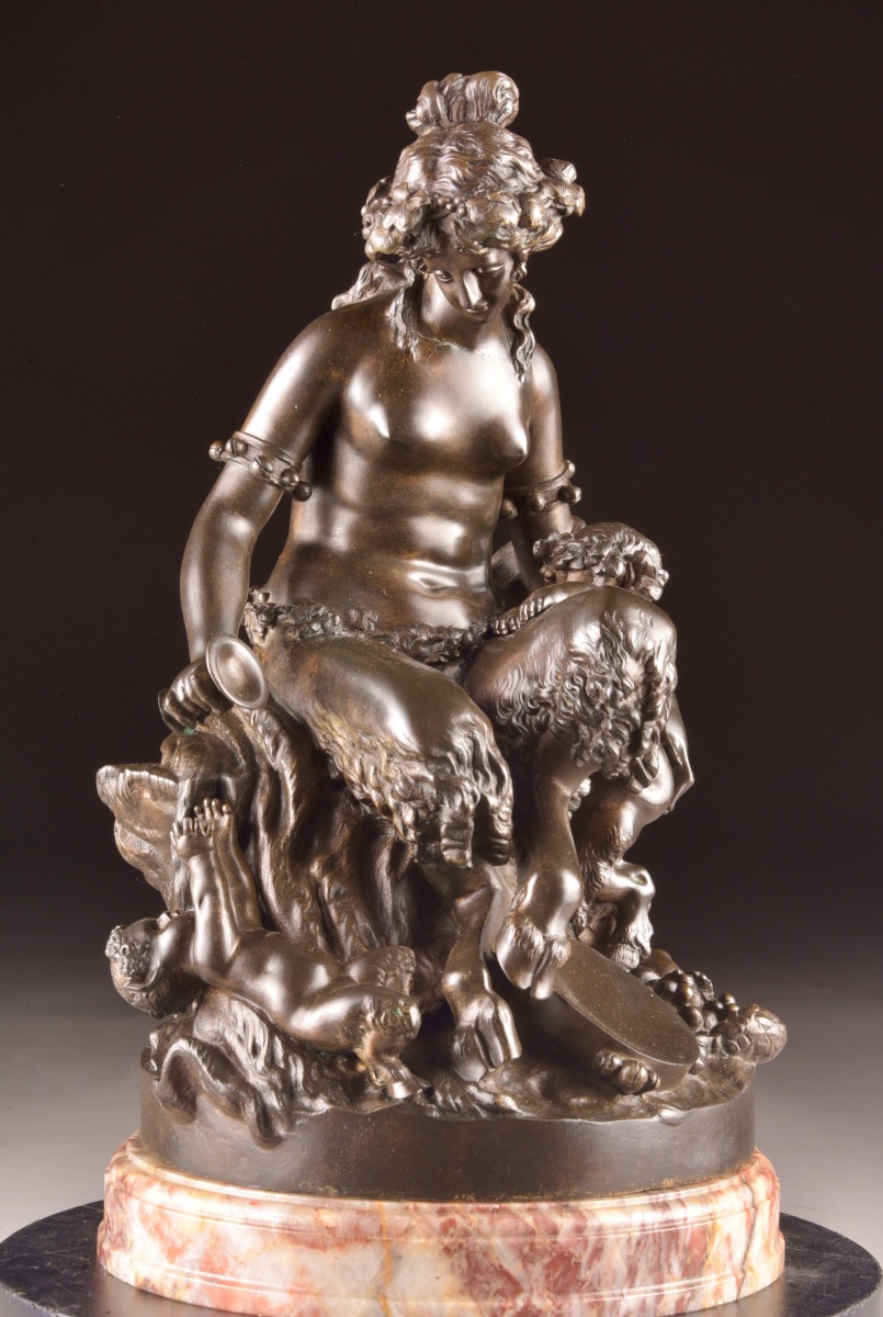 Large Bronze Group Sculpture – Bacchante With Two Putti, After Clodion – 19th Century