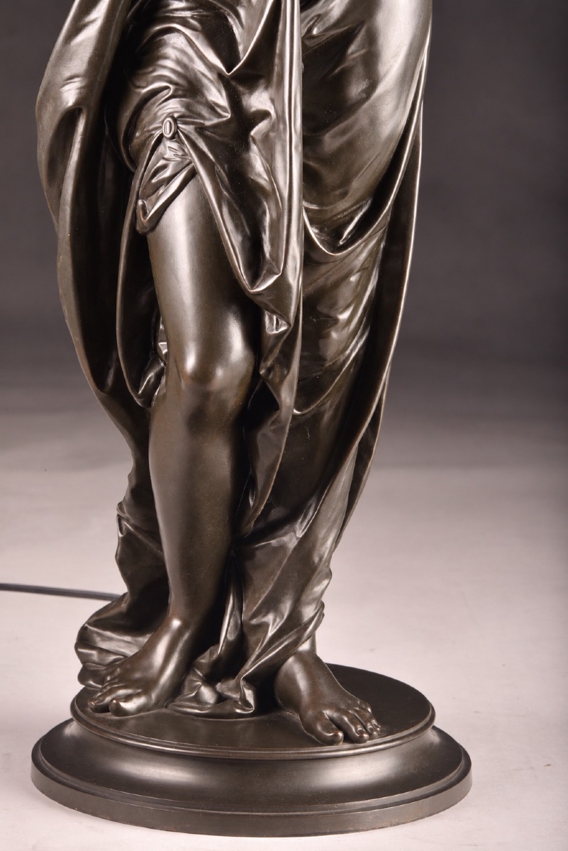 émile Louis Picault (1833–1915) – Large Bronze Torch, Woman With A Flame, Height: 120 Cm-photo-3