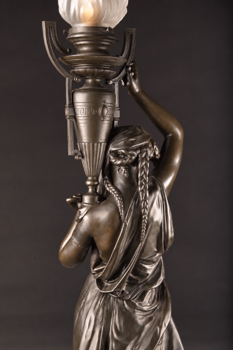 émile Louis Picault (1833–1915) – Large Bronze Torch, Woman With A Flame, Height: 120 Cm-photo-2
