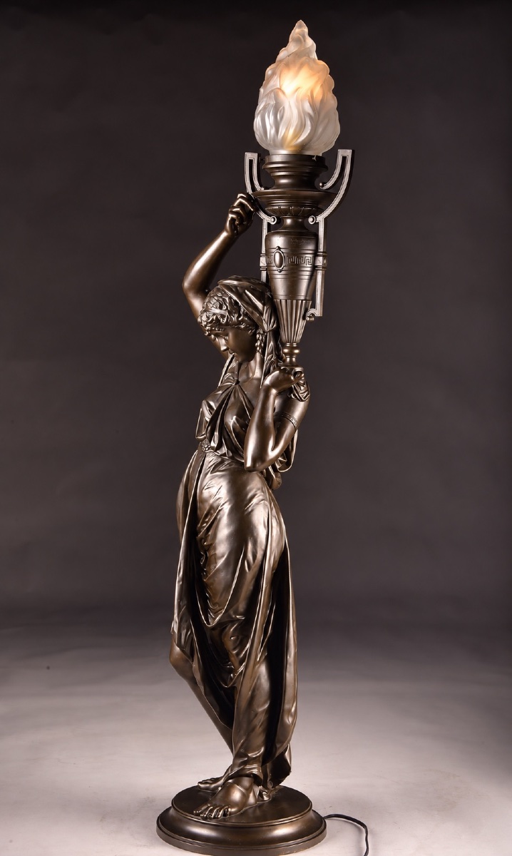 émile Louis Picault (1833–1915) – Large Bronze Torch, Woman With A Flame, Height: 120 Cm-photo-3