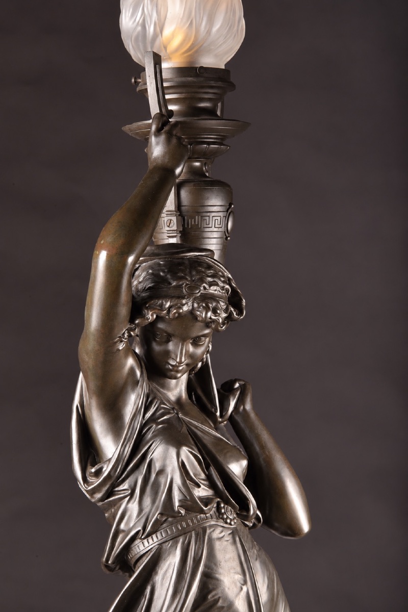 émile Louis Picault (1833–1915) – Large Bronze Torch, Woman With A Flame, Height: 120 Cm-photo-4