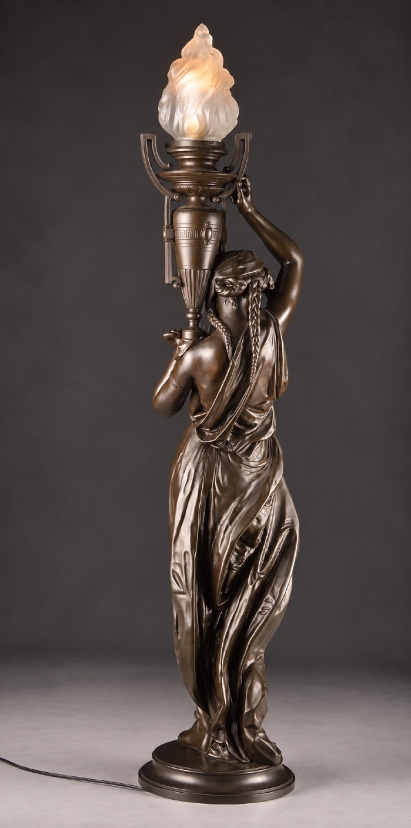 émile Louis Picault (1833–1915) – Large Bronze Torch, Woman With A Flame, Height: 120 Cm-photo-5