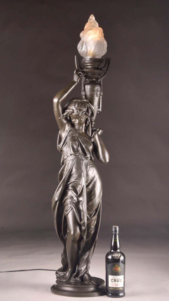 émile Louis Picault (1833–1915) – Large Bronze Torch, Woman With A Flame, Height: 120 Cm-photo-6