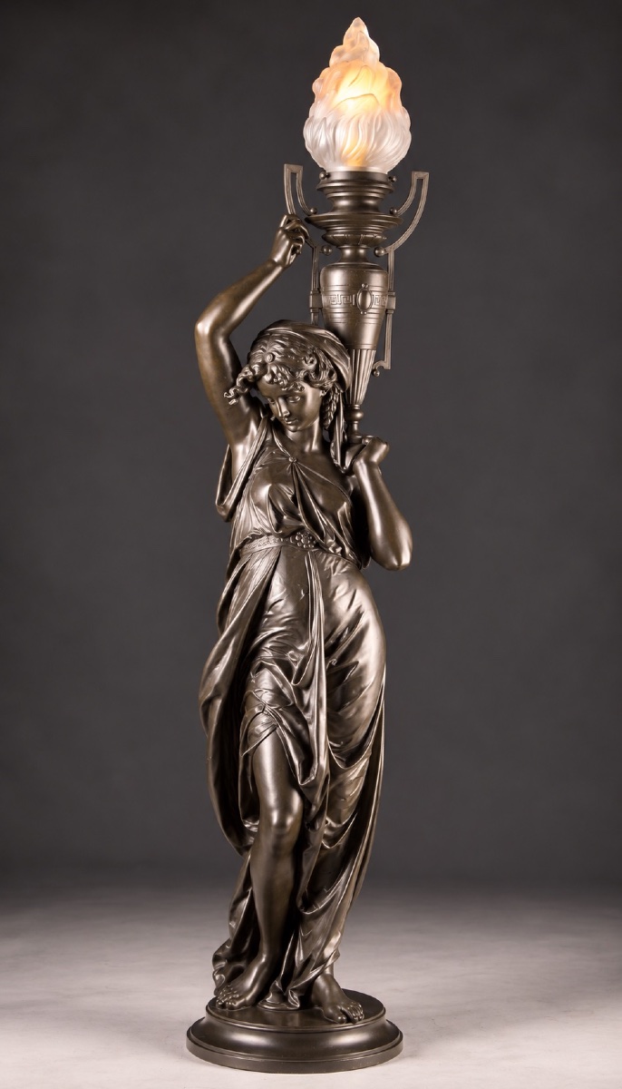 émile Louis Picault (1833–1915) – Large Bronze Torch, Woman With A Flame, Height: 120 Cm