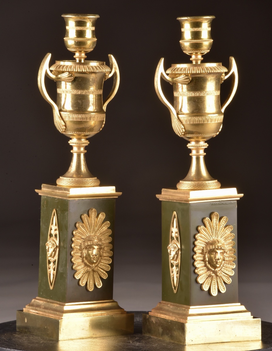 Pair Of Empire Gilded Bronze Candlesticks With Interchangeable Flames – France, Circa 1810-photo-2